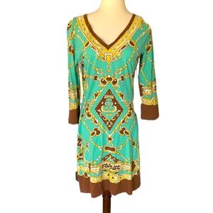 Barbara Gerwit Turquoise & Brown Chain Rope Print Tunic Dress - S